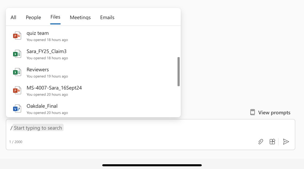 Microsoft 365 Copilot file choose showing recent files