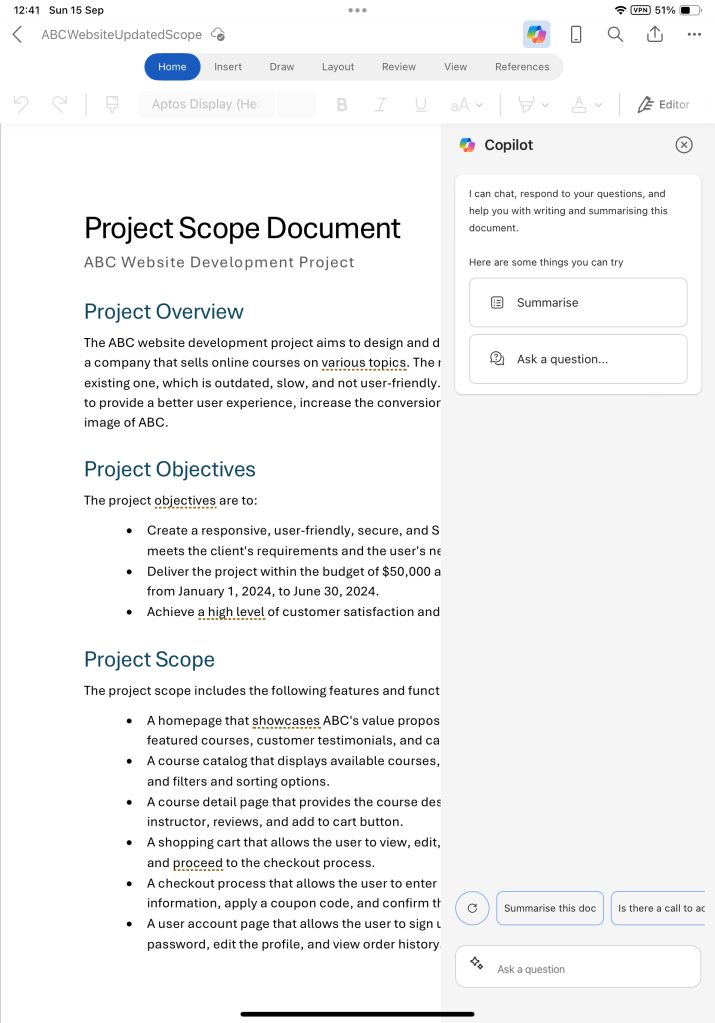 Copilot app chat interface in Word on iPad