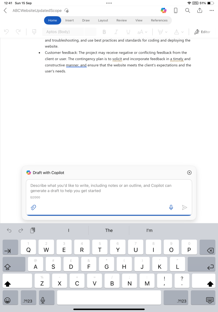 Draft with Copilot interface in Word on iPad