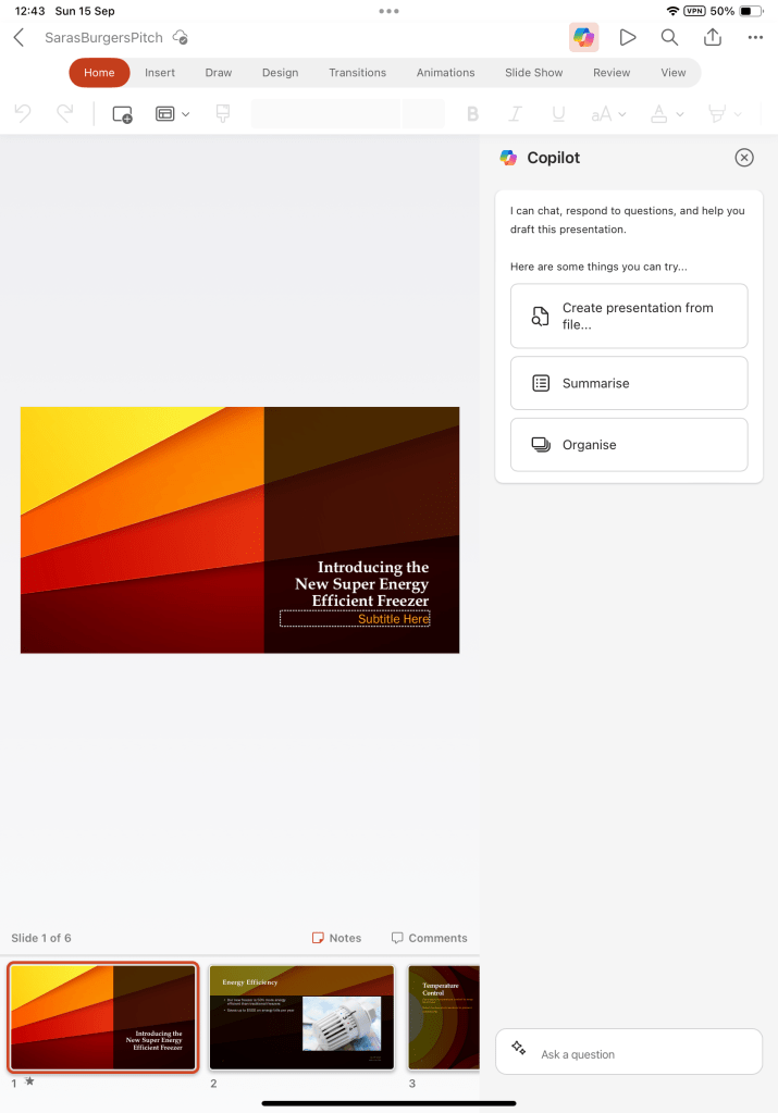 Copilot app chat in PowerPoint on iPad