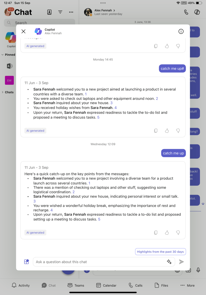 Copilot in Teams mobile displaying two 'Ctach me up' prompts on a conversation.