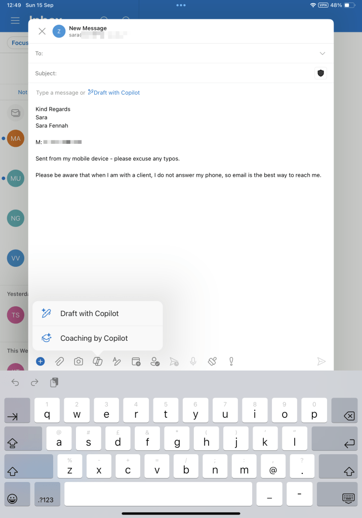 New email open on Outlook on mobile ready to use the Draft with Copilot prompt.
