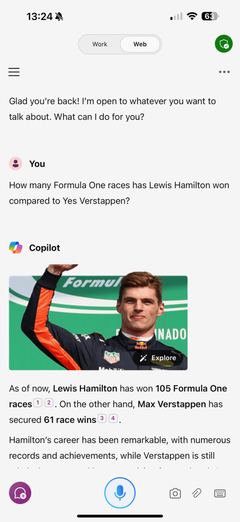Copilot for Web query about which F1 racing driver has won the most races with a misunderstood dicated prompt but Copilot still gave appropriate response