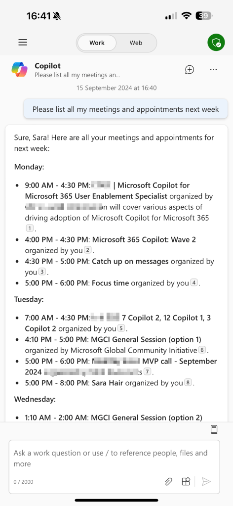 Copilot for Work query about diary events for the next week