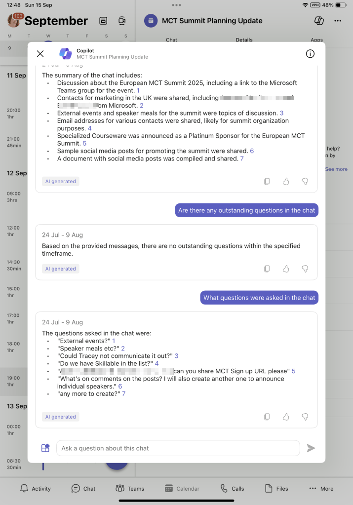 Copilot in Teams mobile from meeting calendar entry showing prompts checking on outstanding questions and questions asked in the chat.
