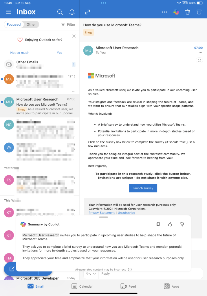 Copilot in Oultook mobile with summary of an email