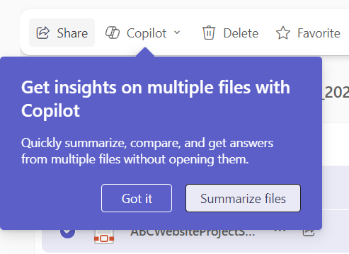 Copilot button on OneDrive toolbar with informational popup announcing 'Get insights on multiple files with Copilot'