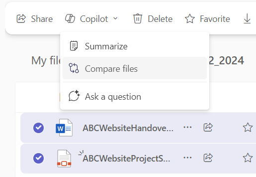 Copilot button on OneDrive toolbar showing Summarize, Compare files and Ask a question options with two files selected.