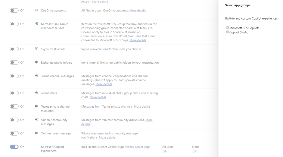 Screenshot of Microsoft Copilot Expereinces option in the policy locations with the Select apps option opened displaying M365 Copilt & Copilot Studio