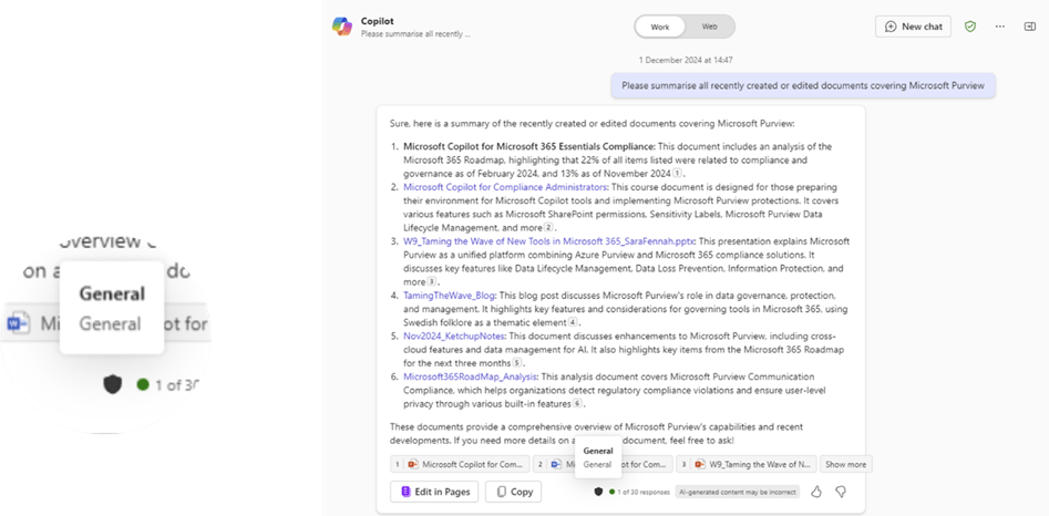 Screen shot of Copilot response with a sensitivity label called "General" displayed