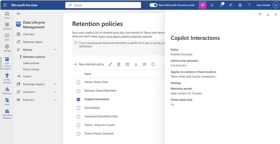 Retention Policies screen with detail of single policy displayed. Relevant details discussed in the text which follows.