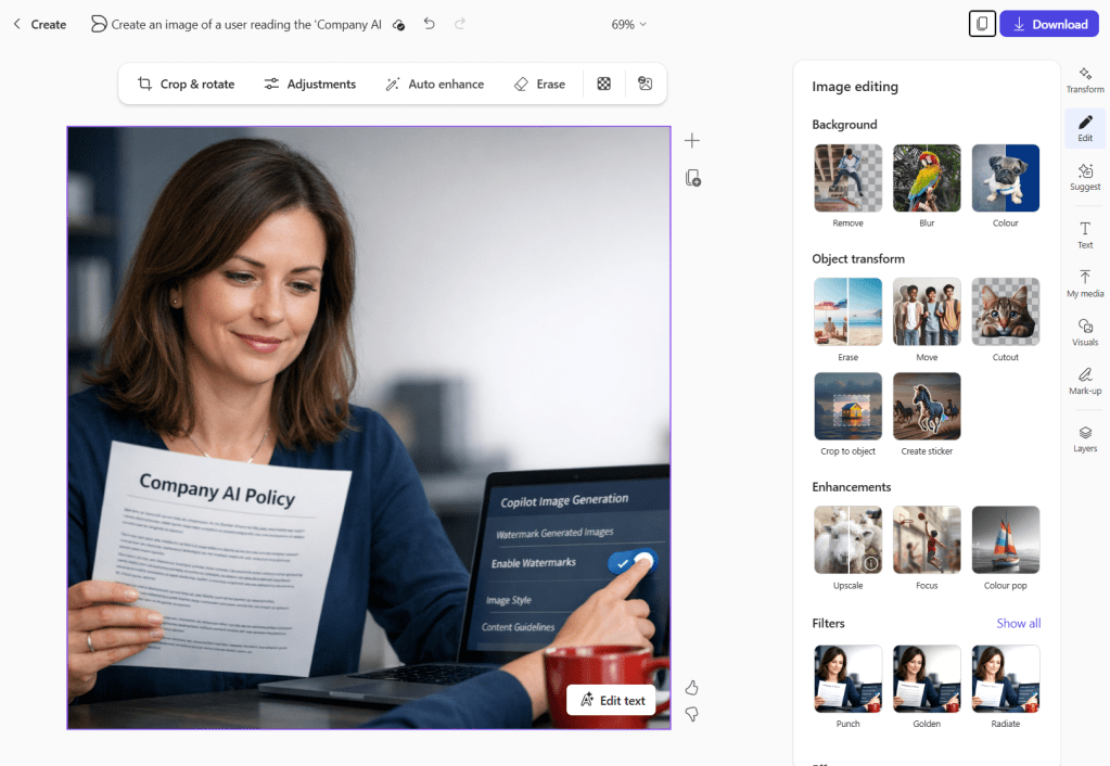 Copilot Create screen with image showing without water mark.  Image is a smiling lady turning on the enable watermarks option whilst reading the company AI policy