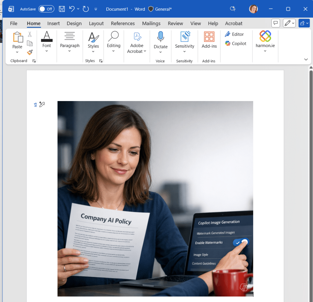 Same image in Word copied from Copilot create into Word and also showing the Copilot icon as a watermark