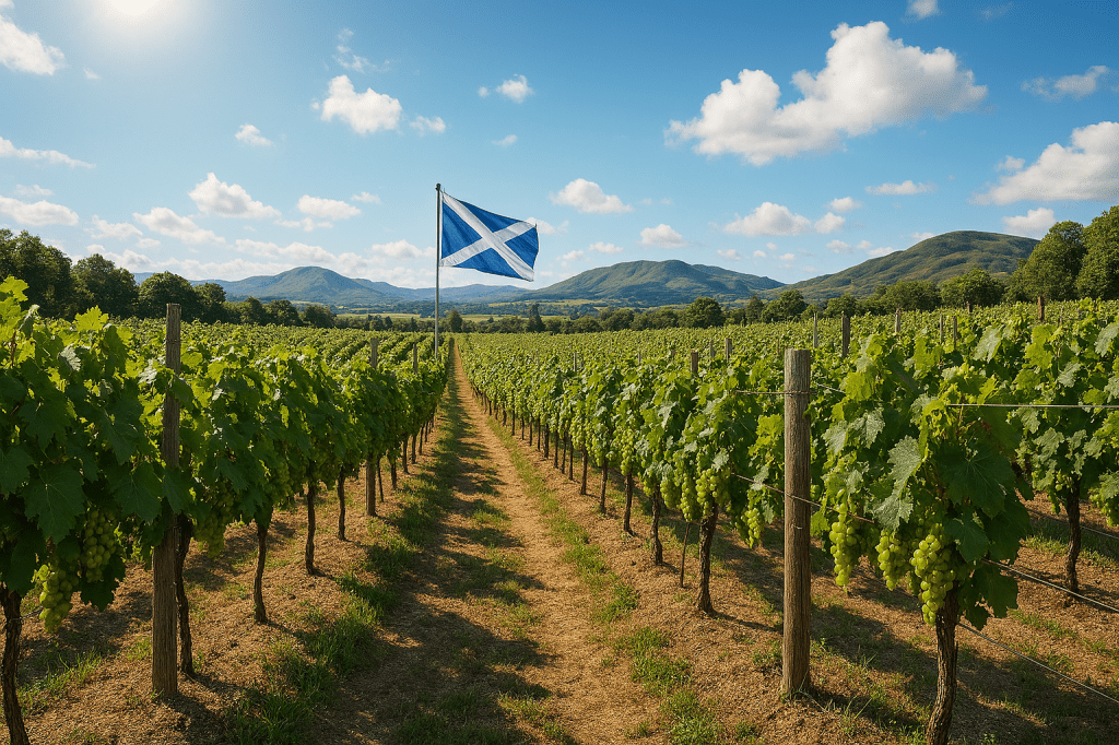 Image of rows of grape vines with mountains in the background and featuring the Scottish flag in central foreground but not Copilot watermark is visible