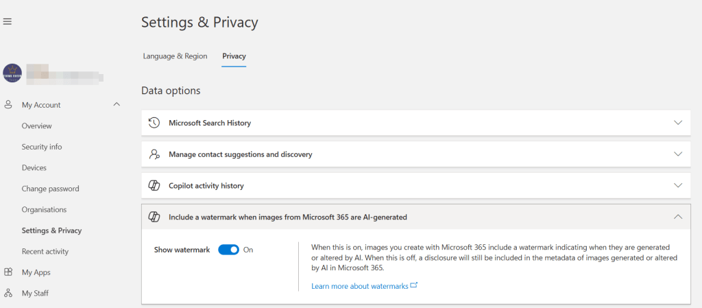 Show watermark setting is on in this screenshot