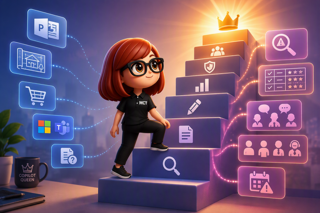 Cartoon showing a user climbing stairs toward prompting excellents